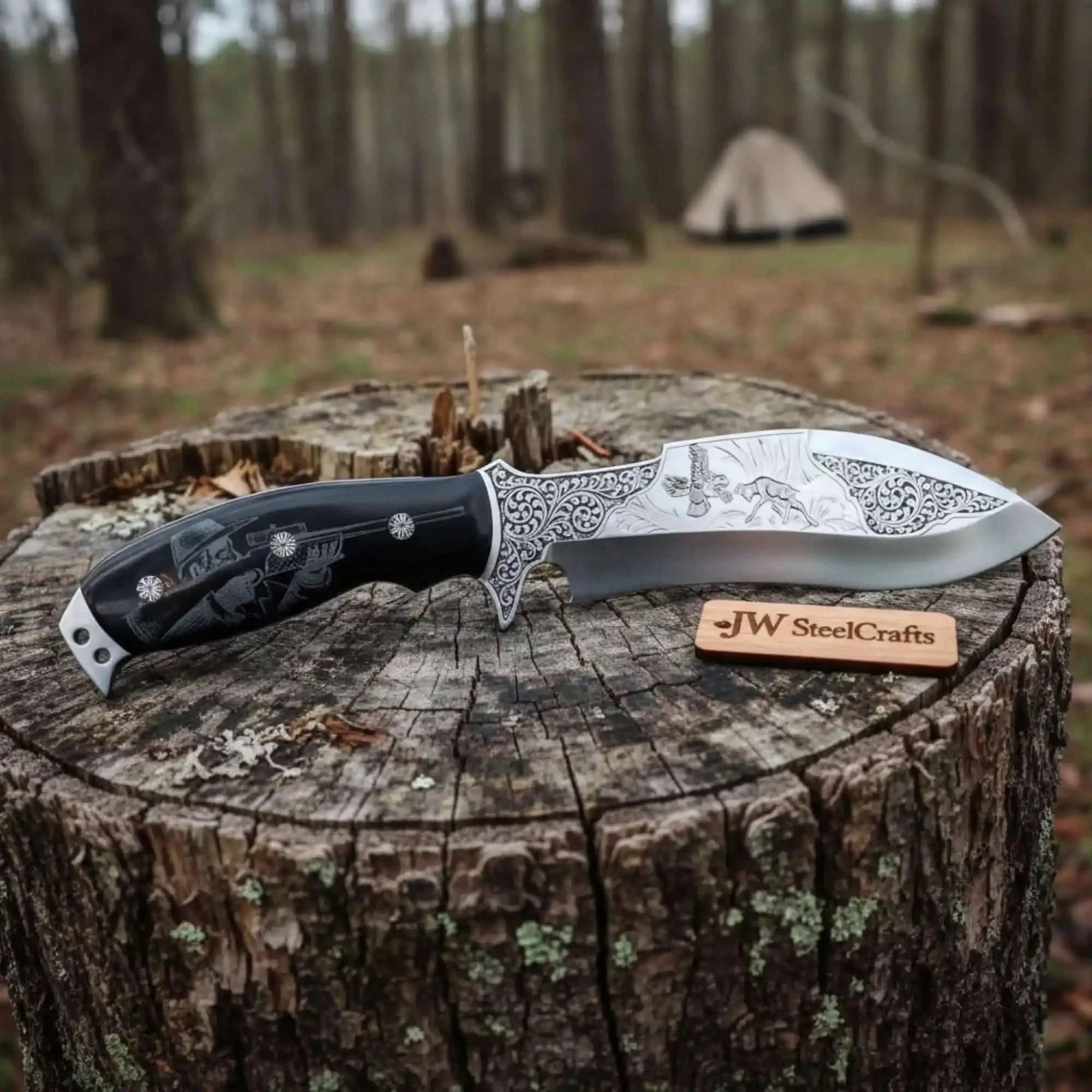 Frontier Persian Clip Point Bowie Knife Engraved D2 Steel Fixed Blade by JW SteelCrafts, Damascus knife main product photo