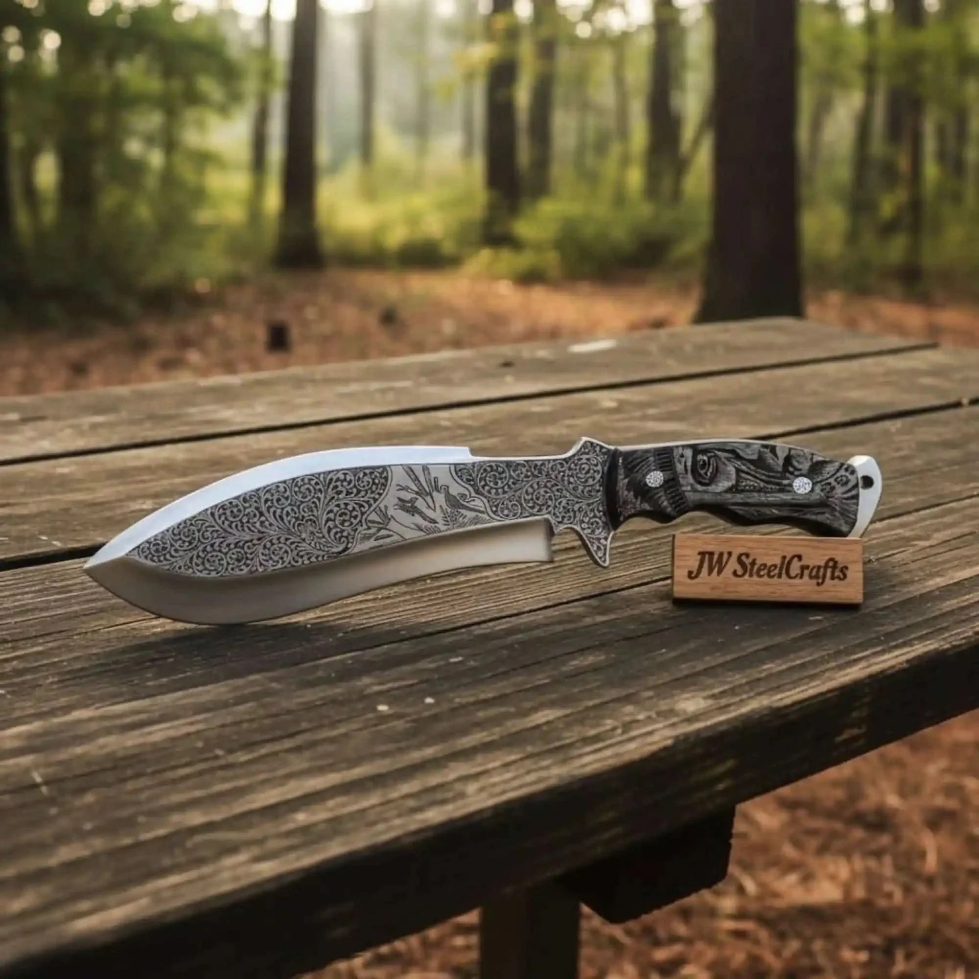 Frontier Persian Clip Point Bowie Knife Engraved D2 Steel Fixed Blade by JW SteelCrafts, Damascus knife detail photo 2