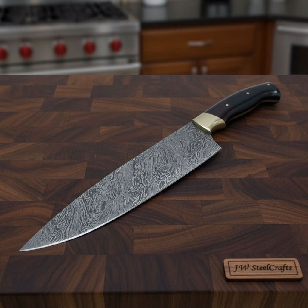Handmade Damascus Chef Knife, Full Tang Kitchen Knife with Brass Bolster and Black Handle, Forged Damascus Steel Professional Cooking Knife, Premium C by JW SteelCrafts, Damascus