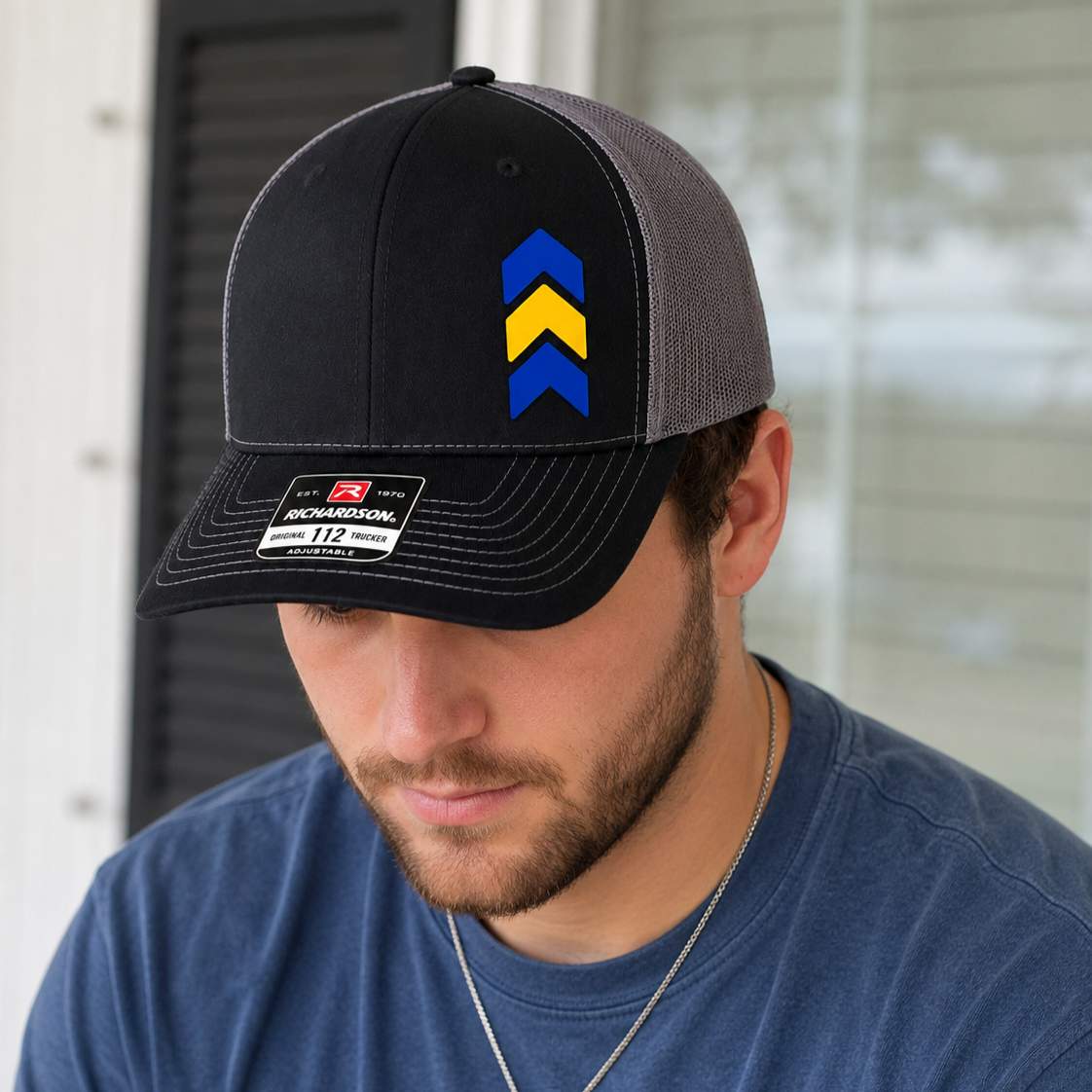 Down Syndrome Awareness Hat, Blue and Yellow Chevron Patch Hat by Poor Hog Customs, Southern lifestyle apparel detail photo 2