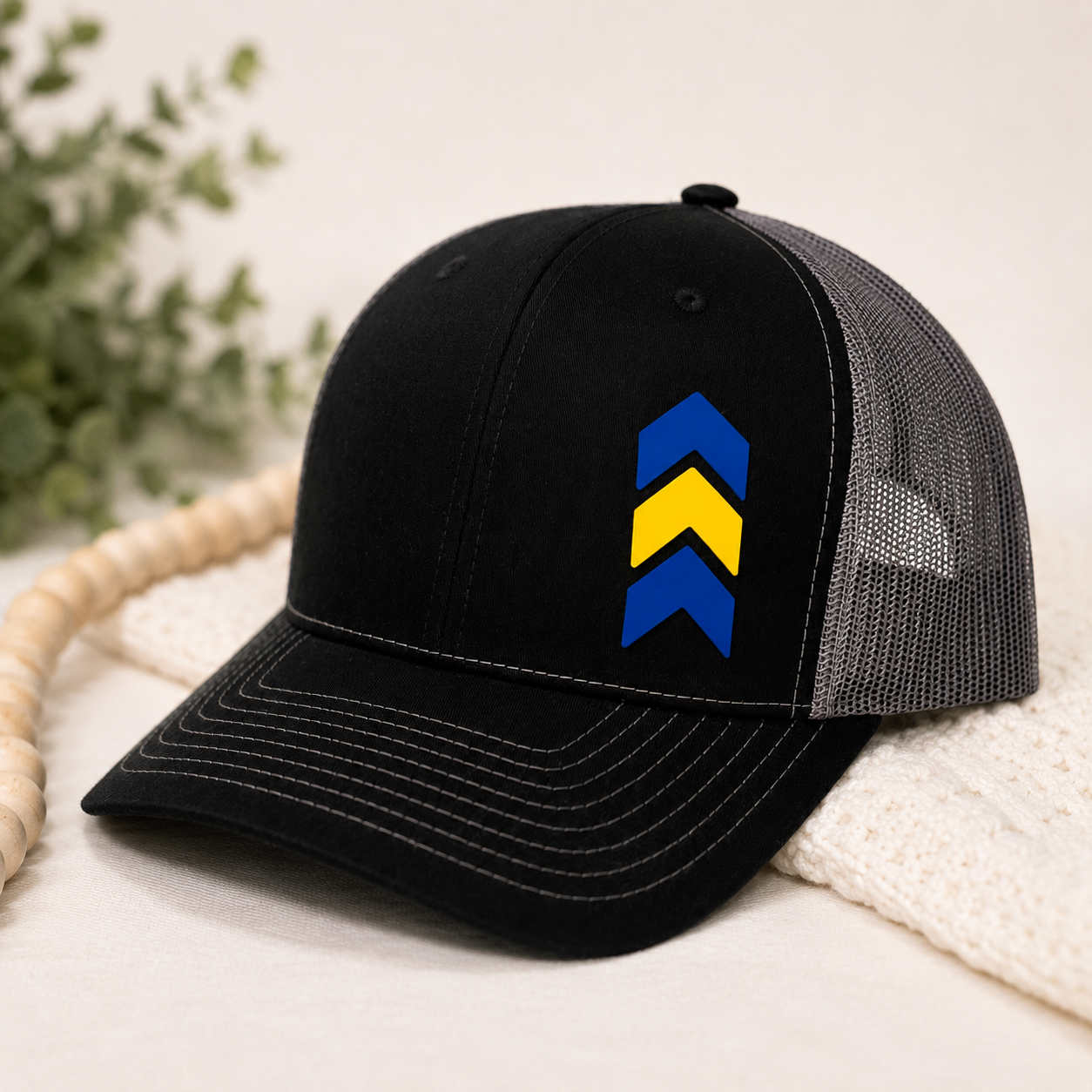 Down Syndrome Awareness Hat, Blue and Yellow Chevron Patch Hat by Poor Hog Customs, Southern lifestyle apparel main product photo