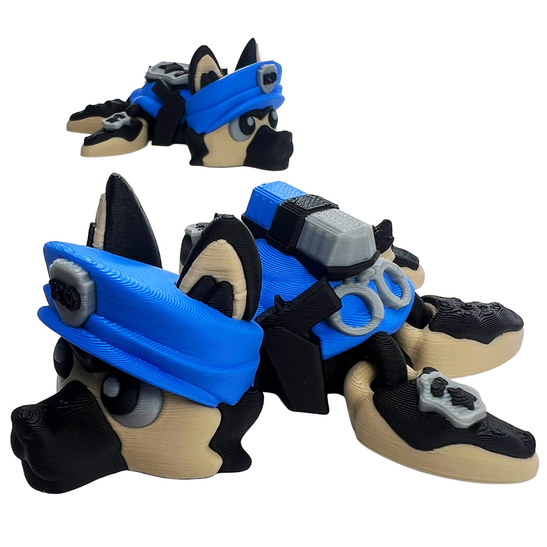 German Shepherd police turtle articulated 3D printed toy with blue uniform, police cap, badge, and gear