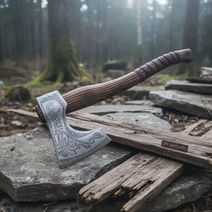 Engraved Carbon Steel Ragnar Axe with Bearded Head