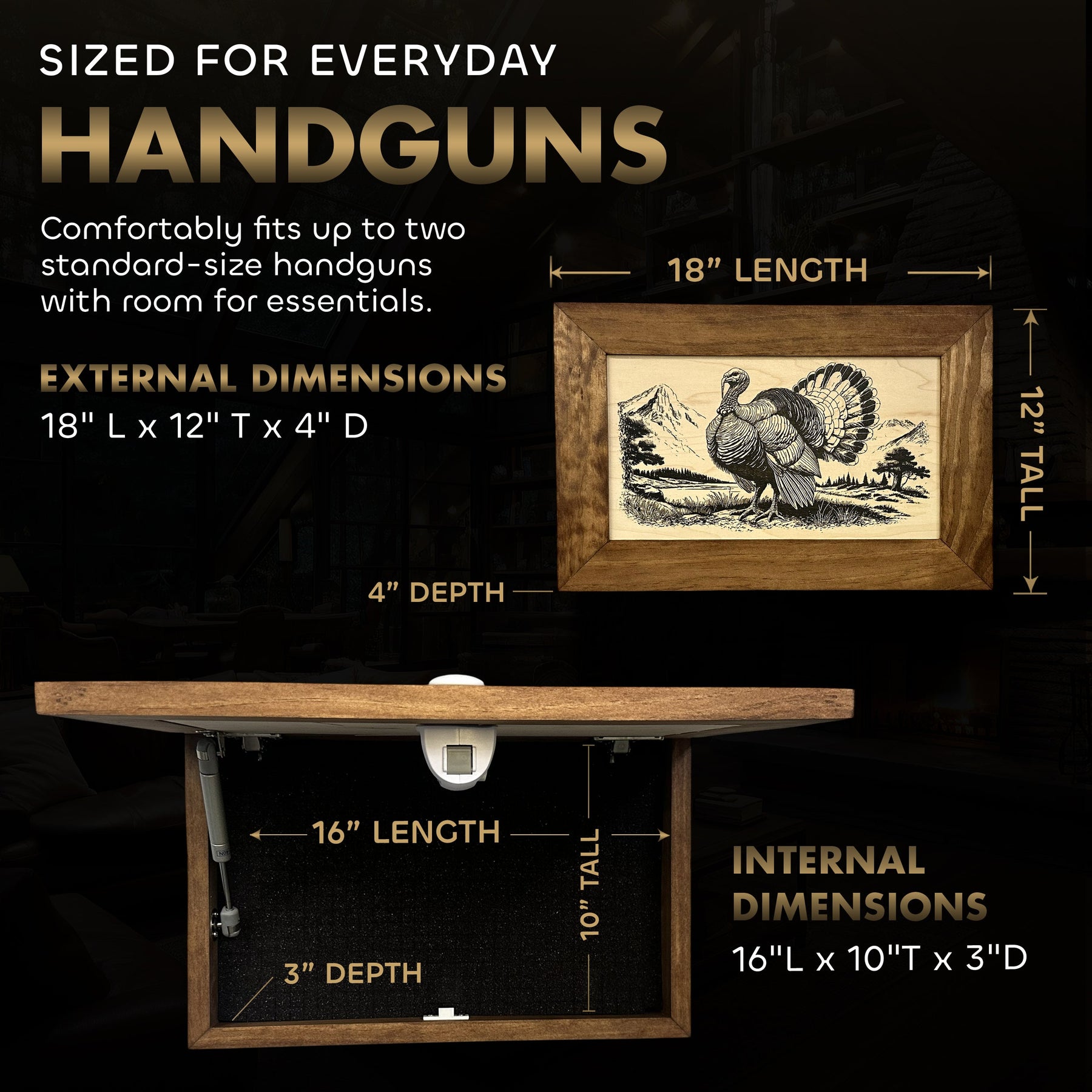 Wild Turkey Gobbler Gun Concealment Furniture - Handcrafted Hidden Gun Storage Wall Decor - Hidden Safe Furniture with Magnetic Lock for Quick Access & Storage