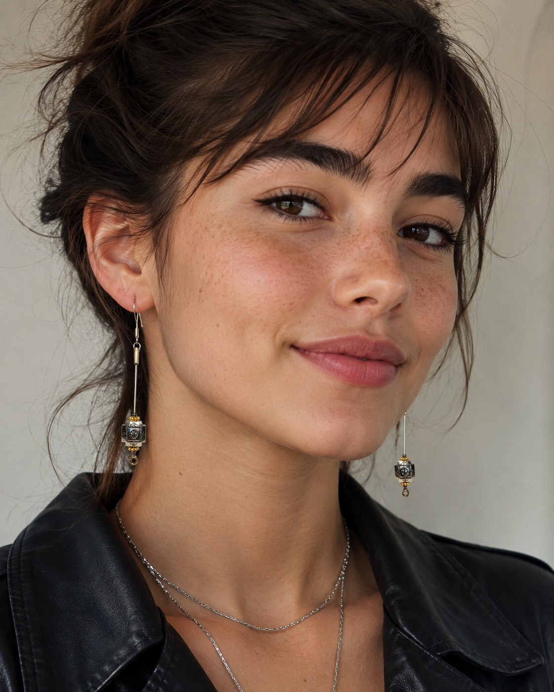 Close-up of a person wearing earrings and a black jacket against a neutral background