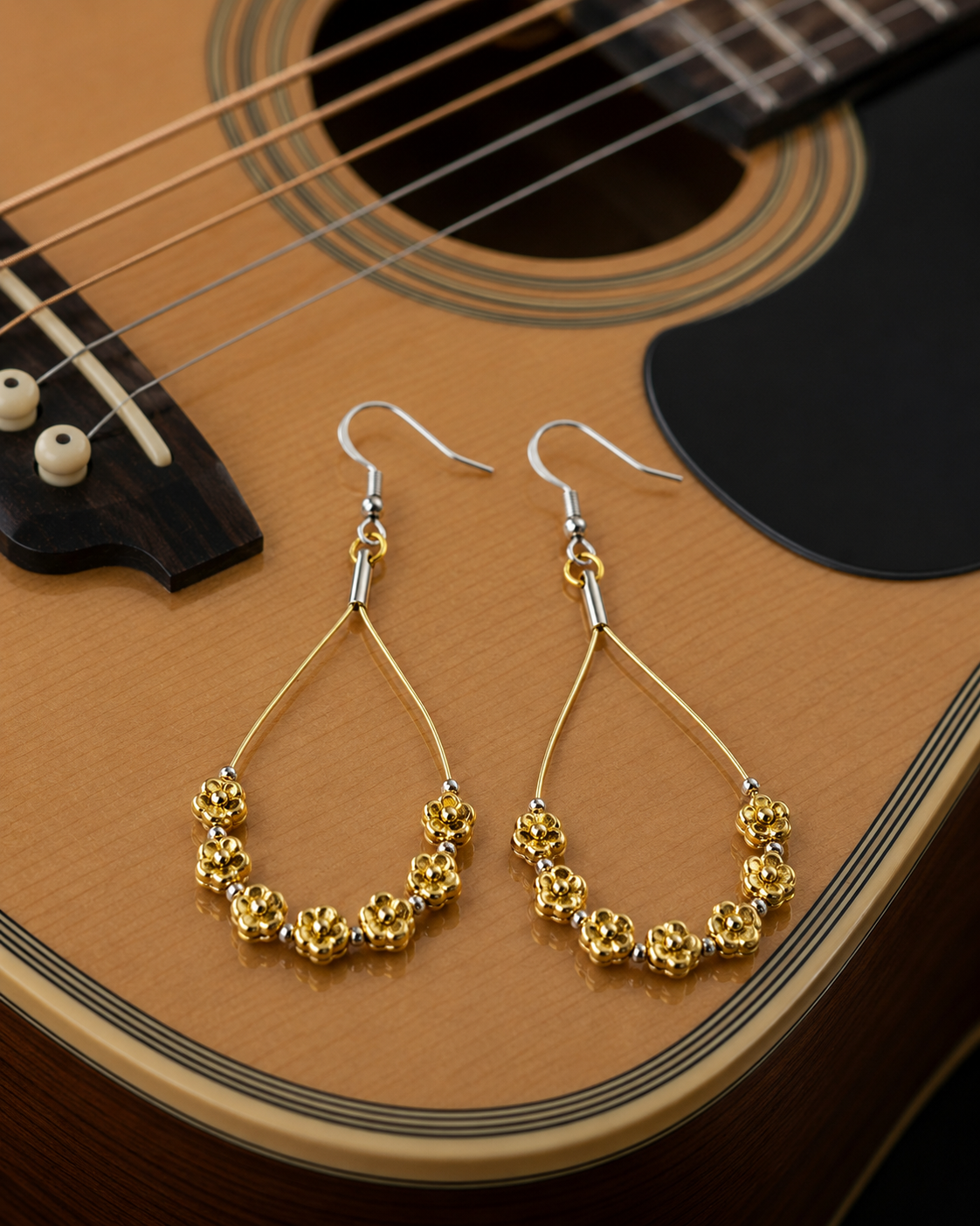 Gold Flower Guitar String Hoop Earrings by N Harmony Jewelry, handmade jewelry main product photo