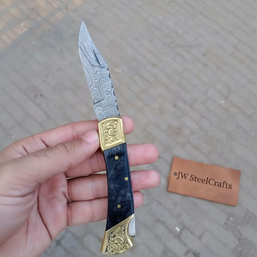 Handmade Damascus Steel Folding Knife with Gray Micarta Handle and Brass Thumb Stud – Custom EDC Pocket Knife by JW SteelCrafts by JW SteelCrafts, Damascus knife main product photo