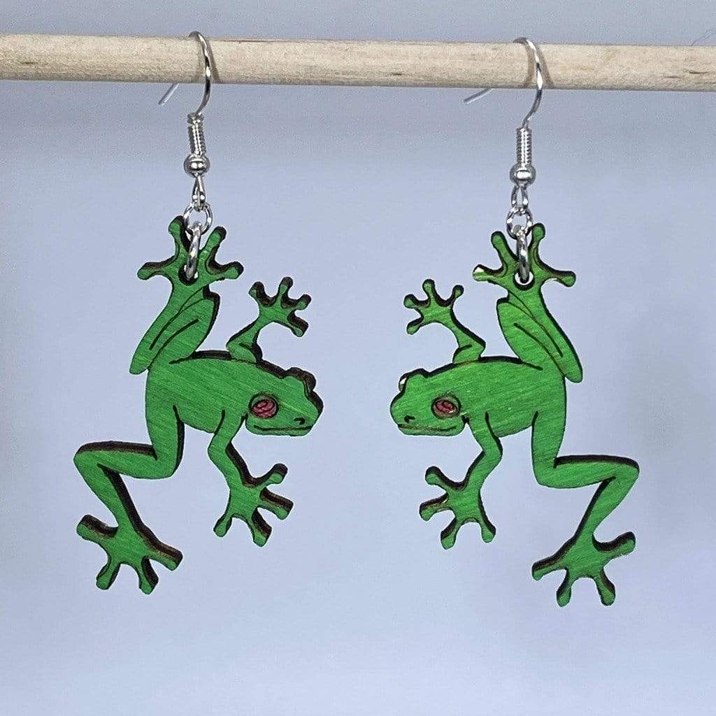 Tree Frog Wooden Dangle Earrings | Rainforest Animal Jewelry by Cate's Concepts, LLC, handmade jewelry detail photo 2