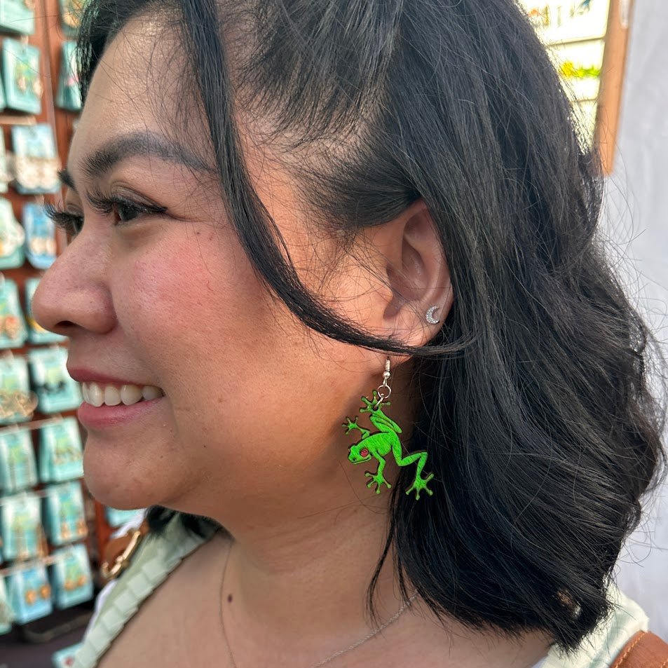 Tree Frog Wooden Dangle Earrings | Rainforest Animal Jewelry