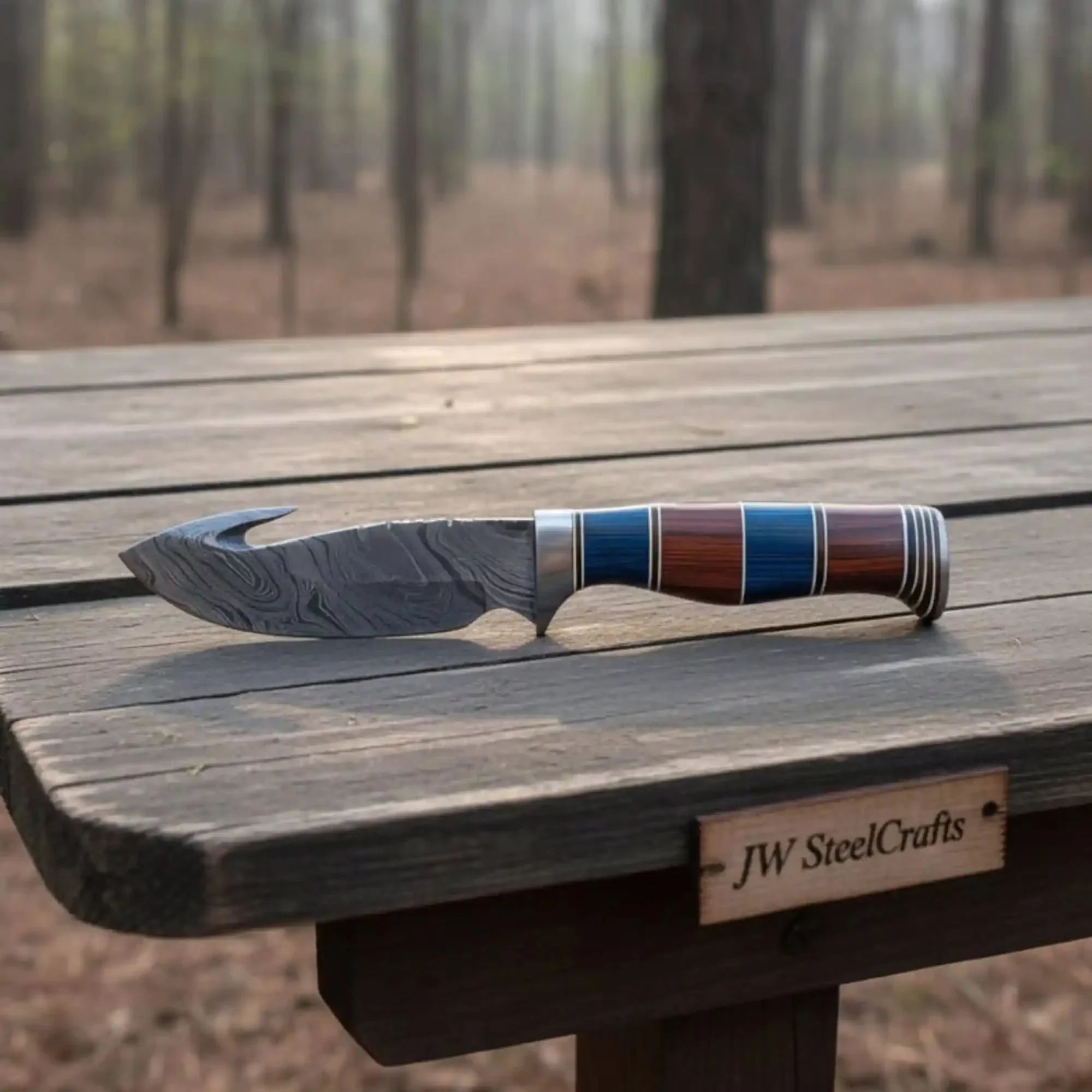 Custom Handmade Hunting Gut Hook Skinner Knife. by JW SteelCrafts, Damascus knife main product photo
