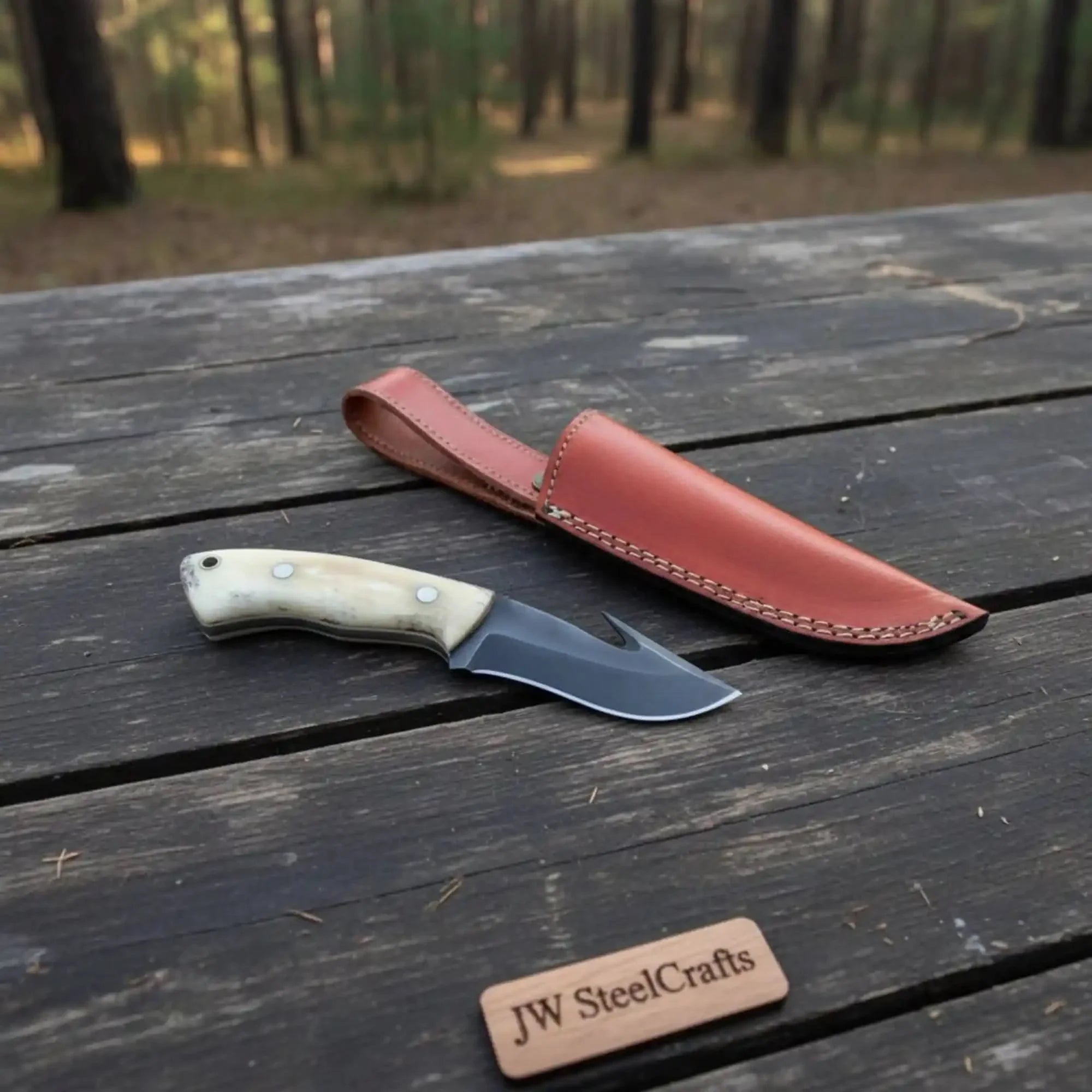 Gut Hook Skinner Knife Black Coated Blade Bone Handle 3.5 Inch Fixed Blade Hunting Knife by JW SteelCrafts, Damascus knife detail photo 2