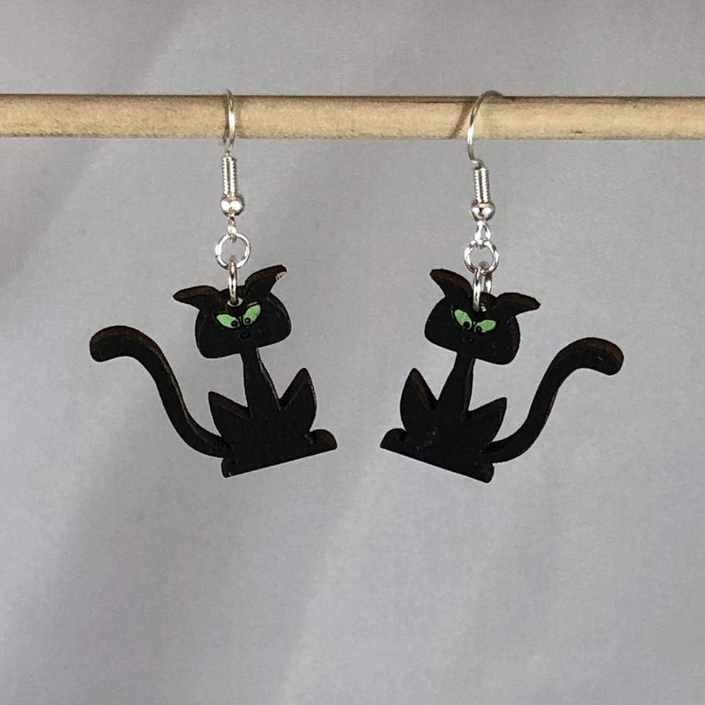 Halloween Black Cat Silhouette Wooden Dangle Earrings | Spooky Jewelry by Cate's Concepts, LLC, handmade jewelry detail photo 2