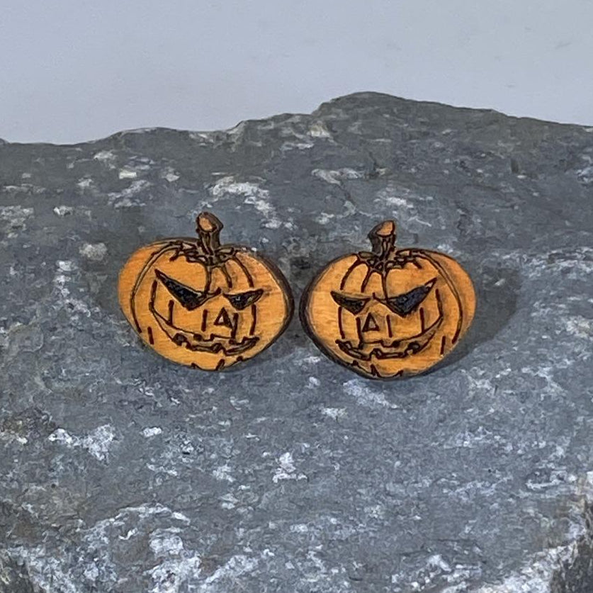 Jack-O-Lantern Wooden Dangle Earrings | Halloween Spooky Jewelry by Cate's Concepts, LLC, handmade jewelry detail photo 2