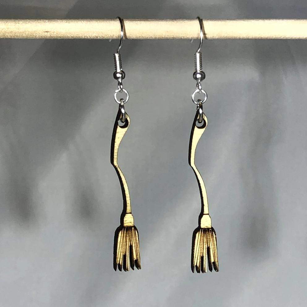 Witch Broom Wooden Dangle Earrings | Halloween Spooky Jewelry by Cate's Concepts, LLC, handmade jewelry detail photo 2