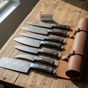 7-Piece Hammer Forged Damascus Chef Knife Set with Black Pakka Wood Handles
