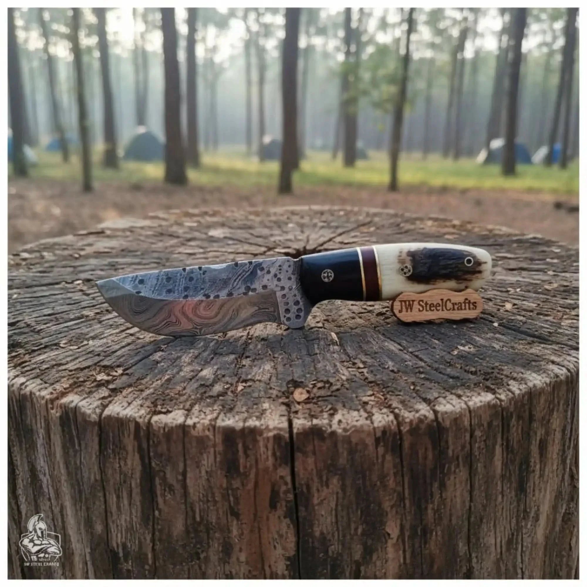 Skinner Knife Damascus Steel Ram Horn Handle 3.5 Inch Blade Hunting Knife by JW SteelCrafts, Damascus knife main product photo