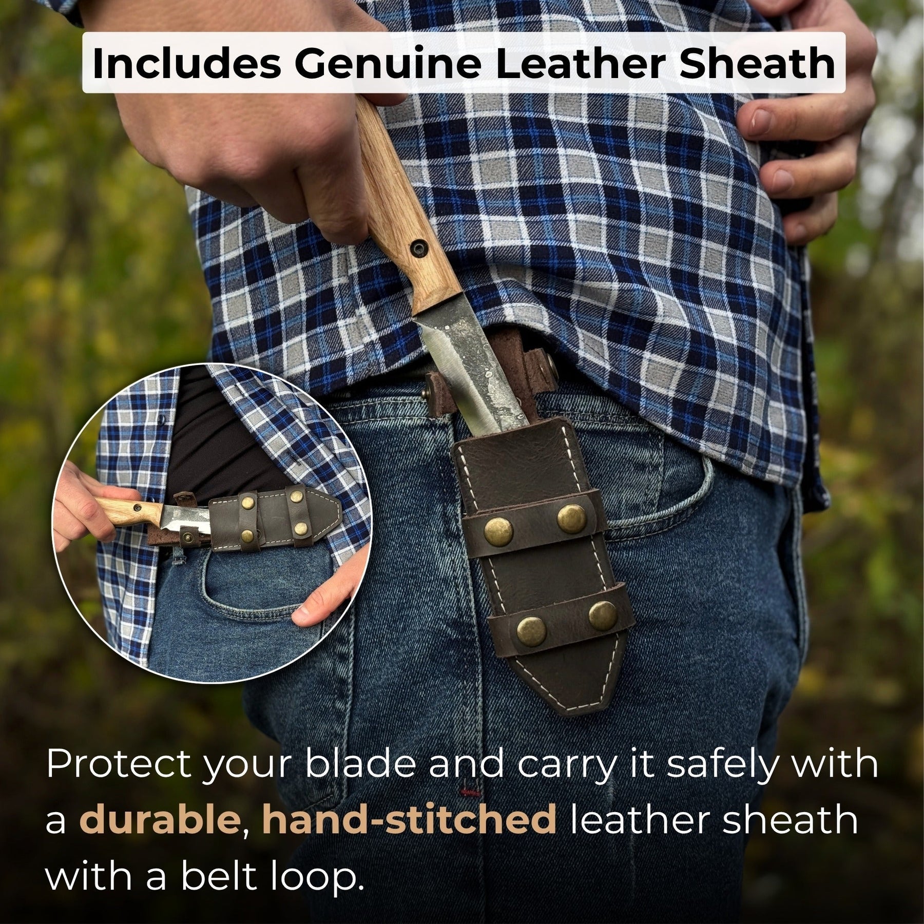 Hand-Forged Bushcraft Knife, 10 cm (3.9 in) Blade with Leather Sheath