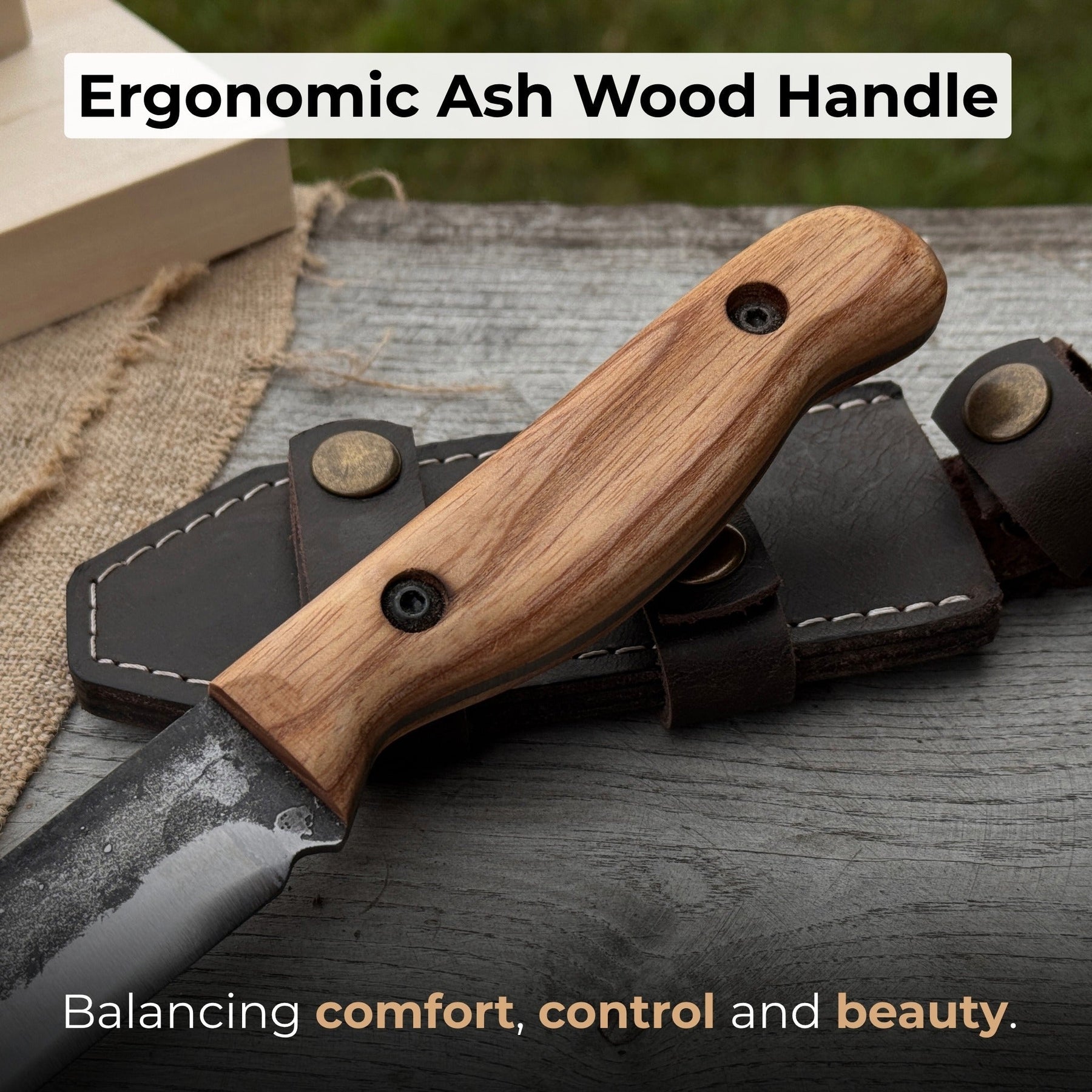 Hand-Forged Bushcraft Knife, 10 cm (3.9 in) Blade with Leather Sheath