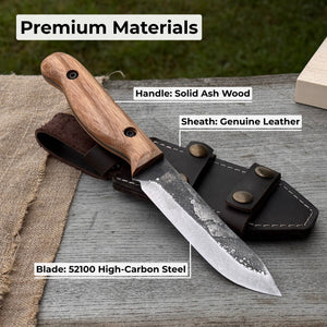 Hand-Forged Bushcraft Knife, 10 cm (3.9 in) Blade with Leather Sheath