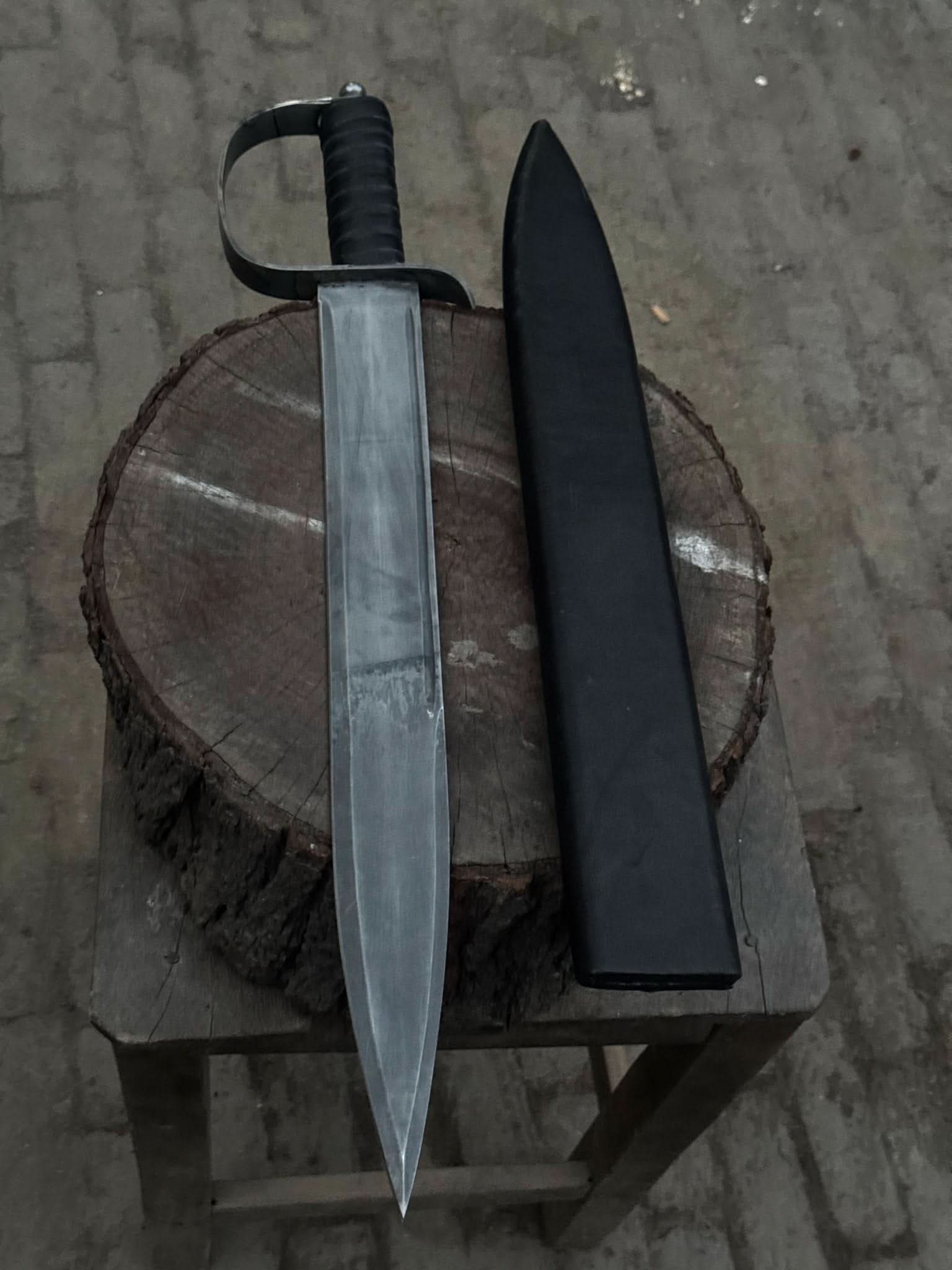Hand-Forged Carbon Steel Long Blade with Guard | Wrapped Grip | Leather Cover Included