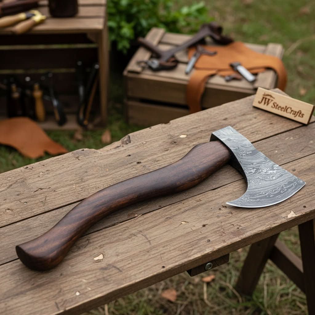 Single-Bit Bushcraft Hatchet with Crescent Edge by JW SteelCrafts, scented candle main product photo
