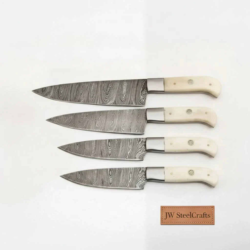 Handmade Damascus 3-Piece Kitchen Knife Set with Bone Handles, Slicing Carving and Chef Knives