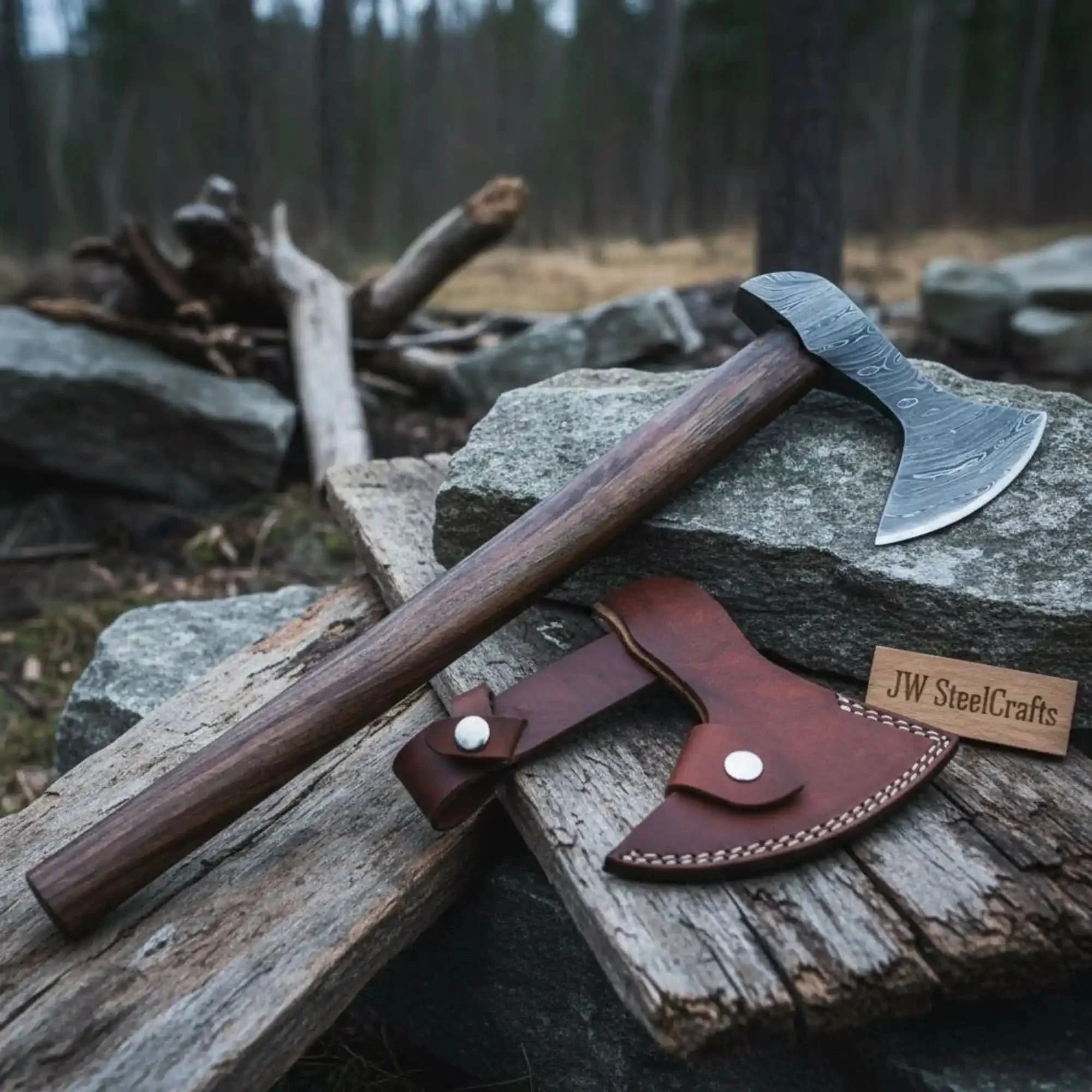 Custom Handmade Damascus Steel Burl Wood Axe Hatchet Tomahawk by JW SteelCrafts, Southern lifestyle apparel main product photo