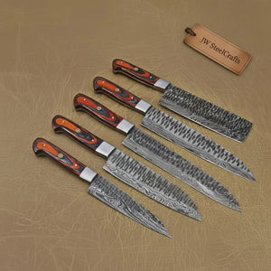 5-Piece Handmade Damascus Kitchen Knife Set with Red Pakka Wood Handles