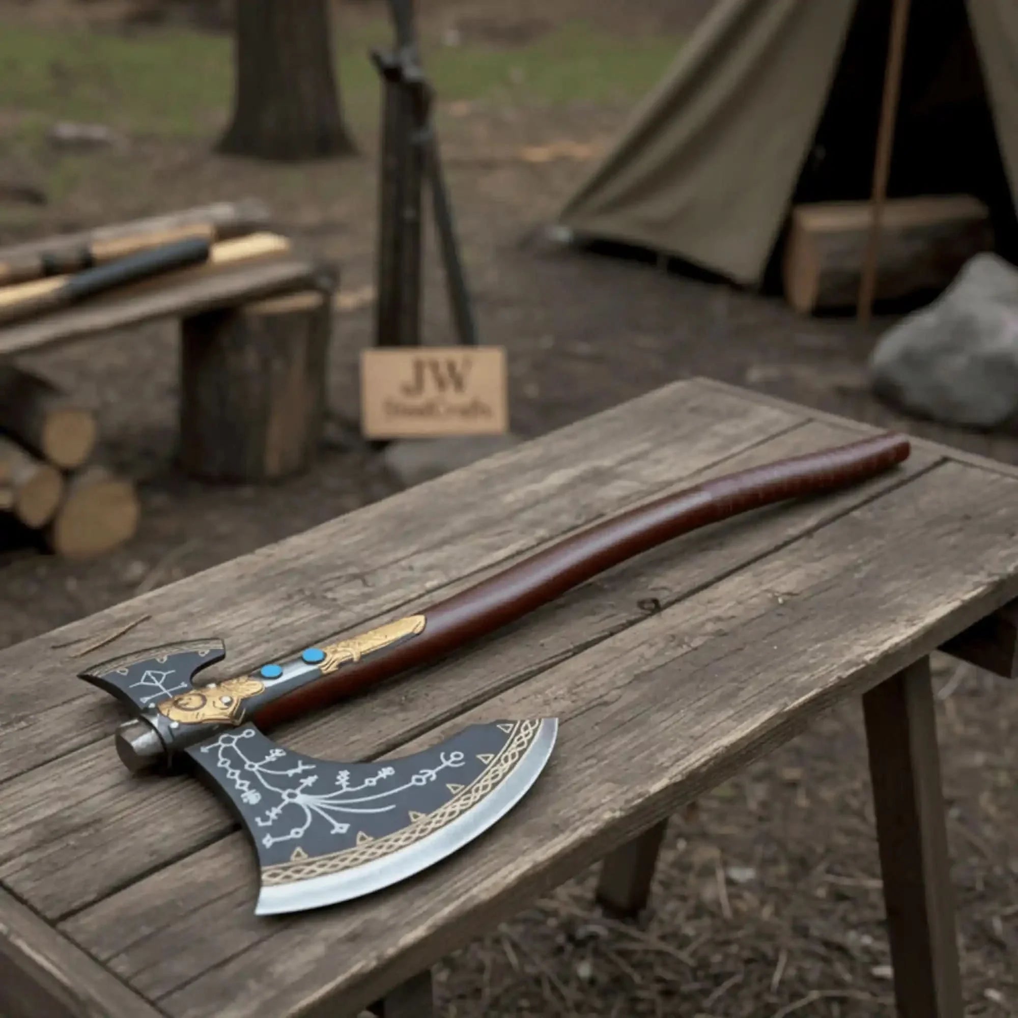 Hand Forged Viking Fantasy Double-Bit Axe with Norse Engraving, Gold Handle Fittings and Blue Gemstone Inlays by JW SteelCrafts, handmade jewelry detail photo 2