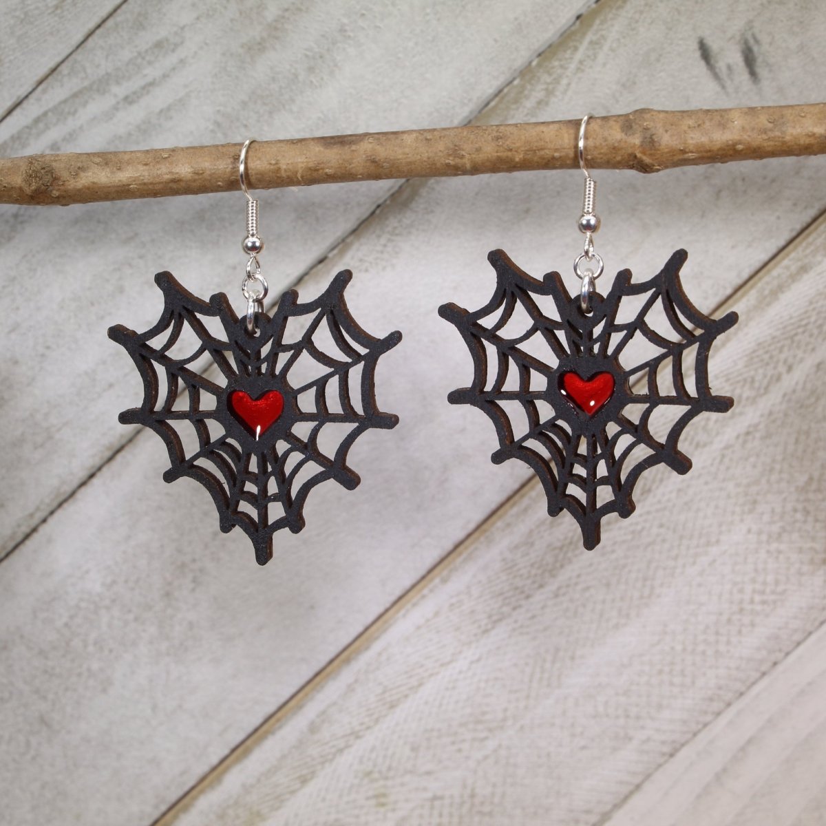 Spiderweb Heart Wood Resin Earrings | Gothic Valentine Jewelry
