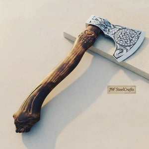Handcrafted Viking Bearded Axe Engraved Blade Wolf Carved Wooden Handle Functional Sharp Edge