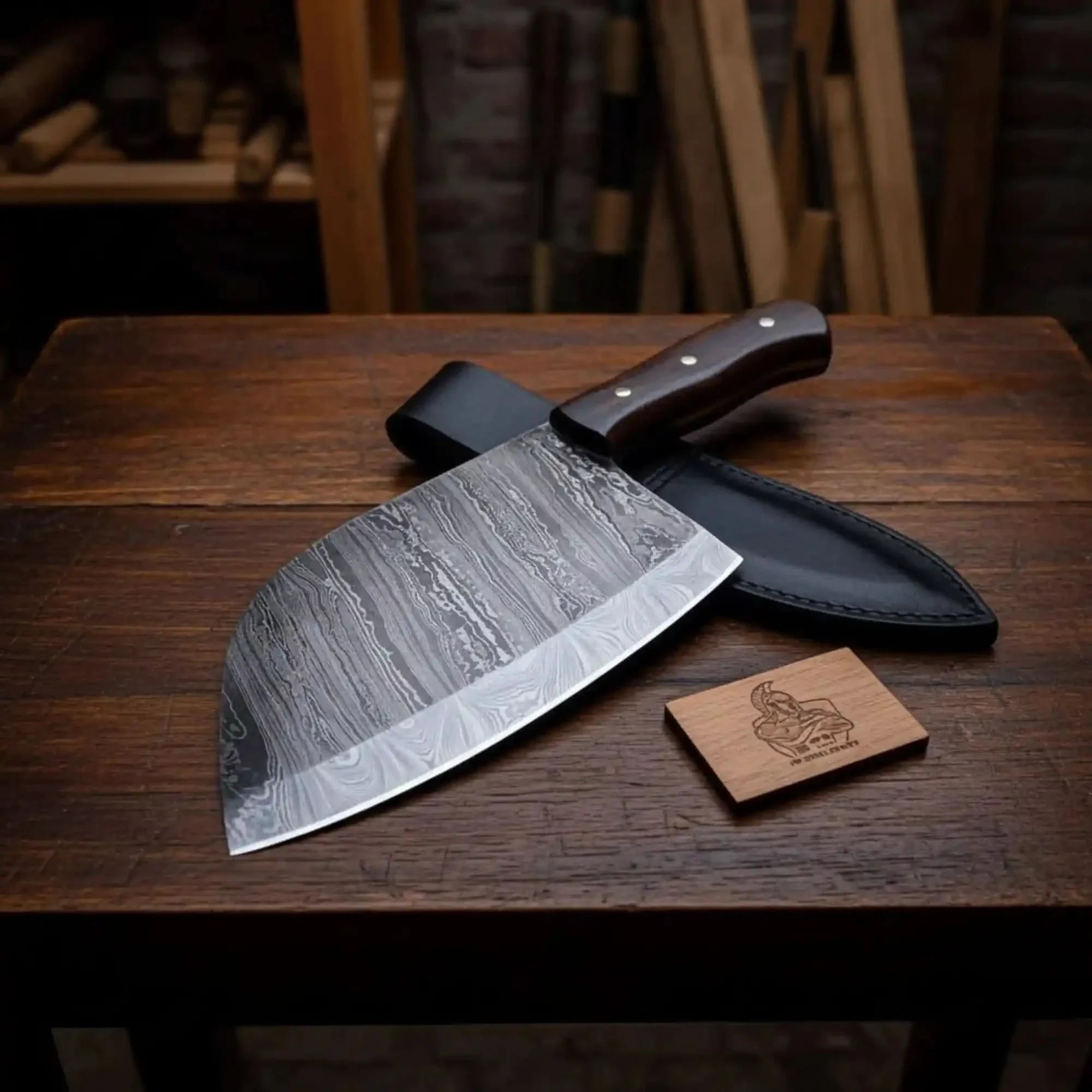 12-Inch Serbian Damascus Cleaver — Rosewood Handle & Leather Sheath by JW SteelCrafts, leather knife sheath main product photo