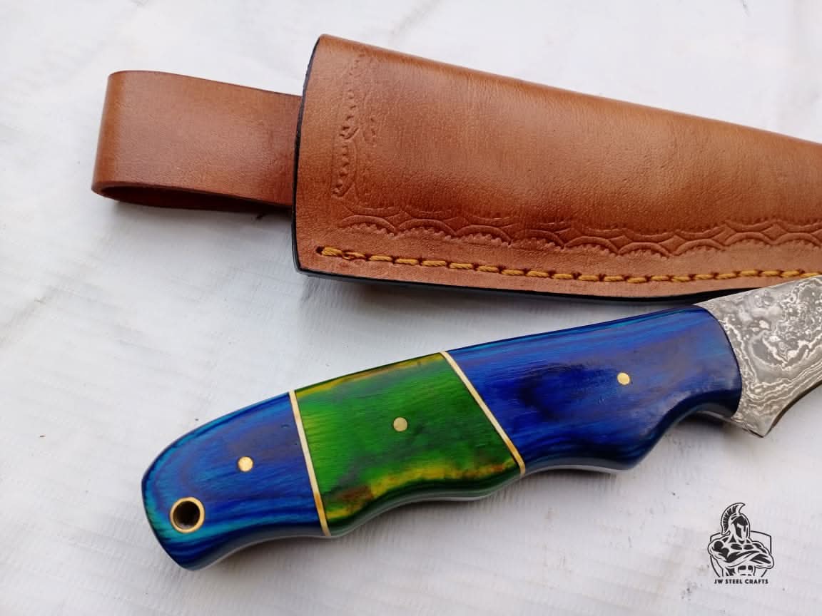 Handmade Damascus Fillet Knife – 10 Inch Overall, 5 Inch Precision Fish Filleting Blade with Colored Wood Handle, Full Tang Fishing Knife with Leather by JW SteelCrafts, Damascus