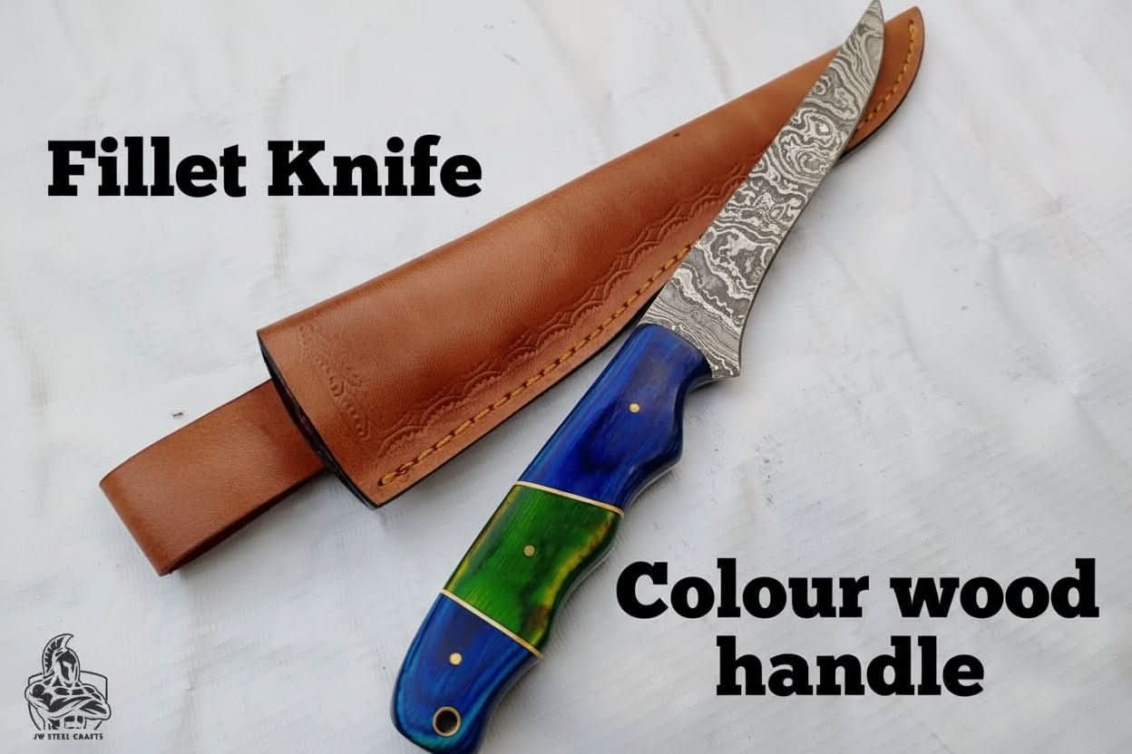 Handmade Damascus Fillet Knife – 10 Inch Overall, 5 Inch Precision Fish Filleting Blade with Colored Wood Handle, Full Tang Fishing Knife with Leather by JW SteelCrafts, Damascus