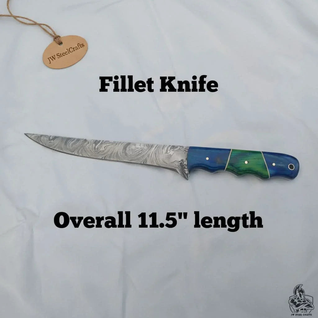 11.5 Inch Damascus Steel Fillet Knife with Two-Tone Colored Wood Handle | JW SteelCrafts by JW SteelCrafts, Damascus knife main product photo