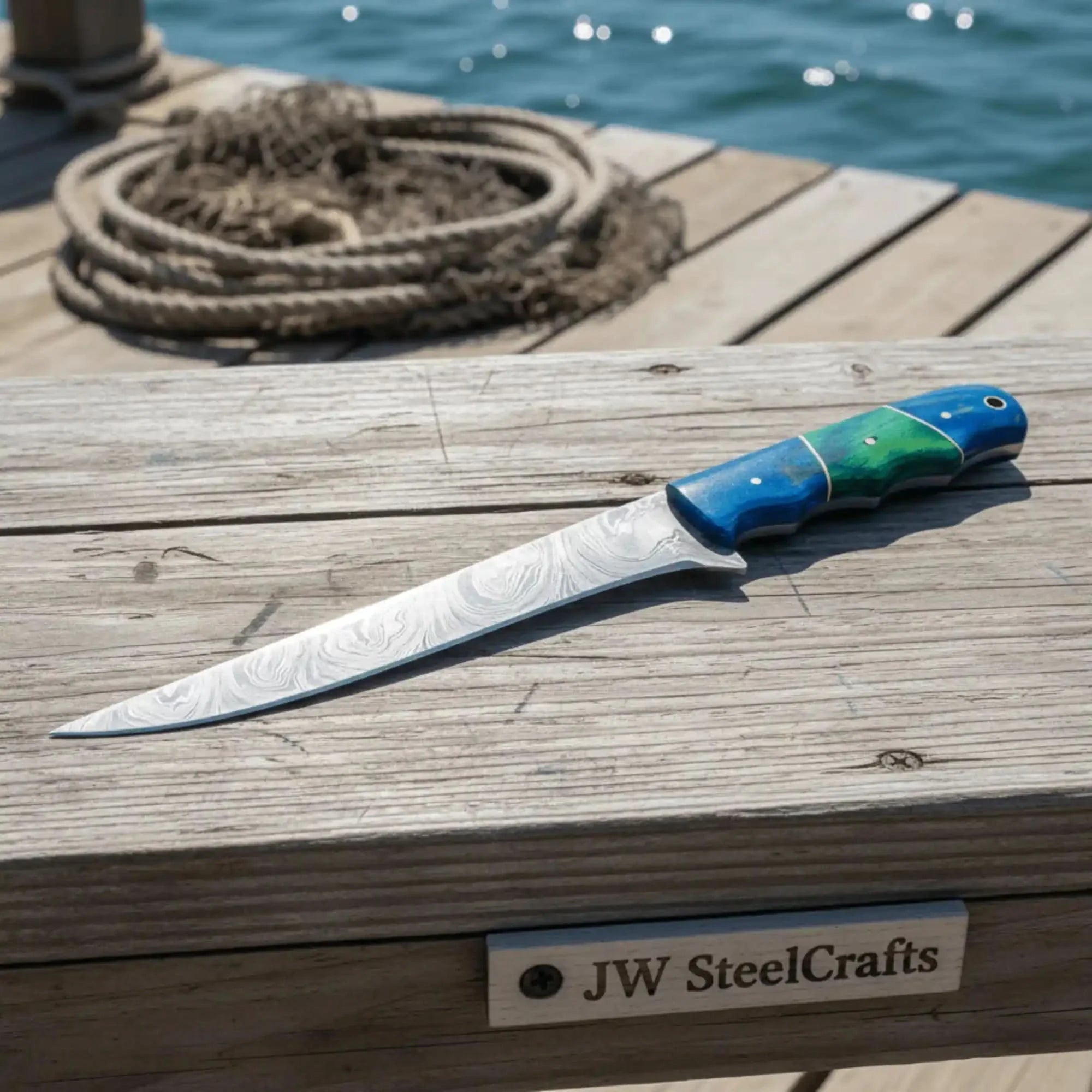 11.5 Inch Damascus Steel Fillet Knife with Two-Tone Colored Wood Handle | JW SteelCrafts by JW SteelCrafts, Damascus knife detail photo 2