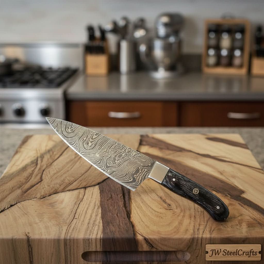 Custom Damascus Gyuto Chef Knife, Handmade Professional Cooking Knife with Steel Bolster by JW Steel by JW SteelCrafts, Damascus knife main product photo