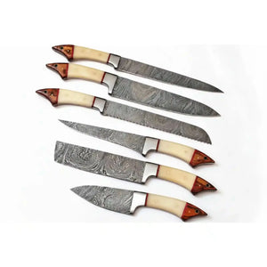 6-Piece Damascus Kitchen Knife Set — White Bone and Red Wood Handles