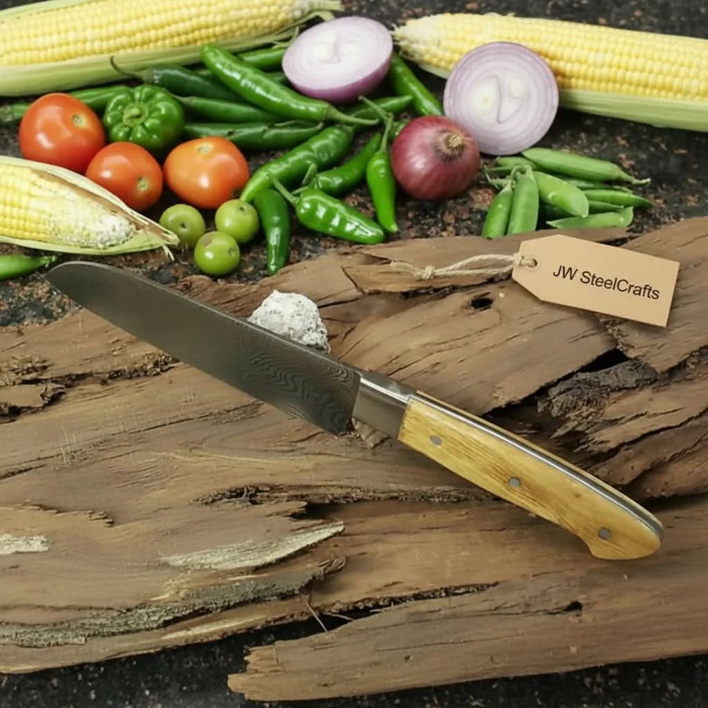 Custom Handmade Damascus Santoku Knife, Olive Wood Handle Japanese Chef Knife by JW SteelCrafts, Damascus knife detail photo 2