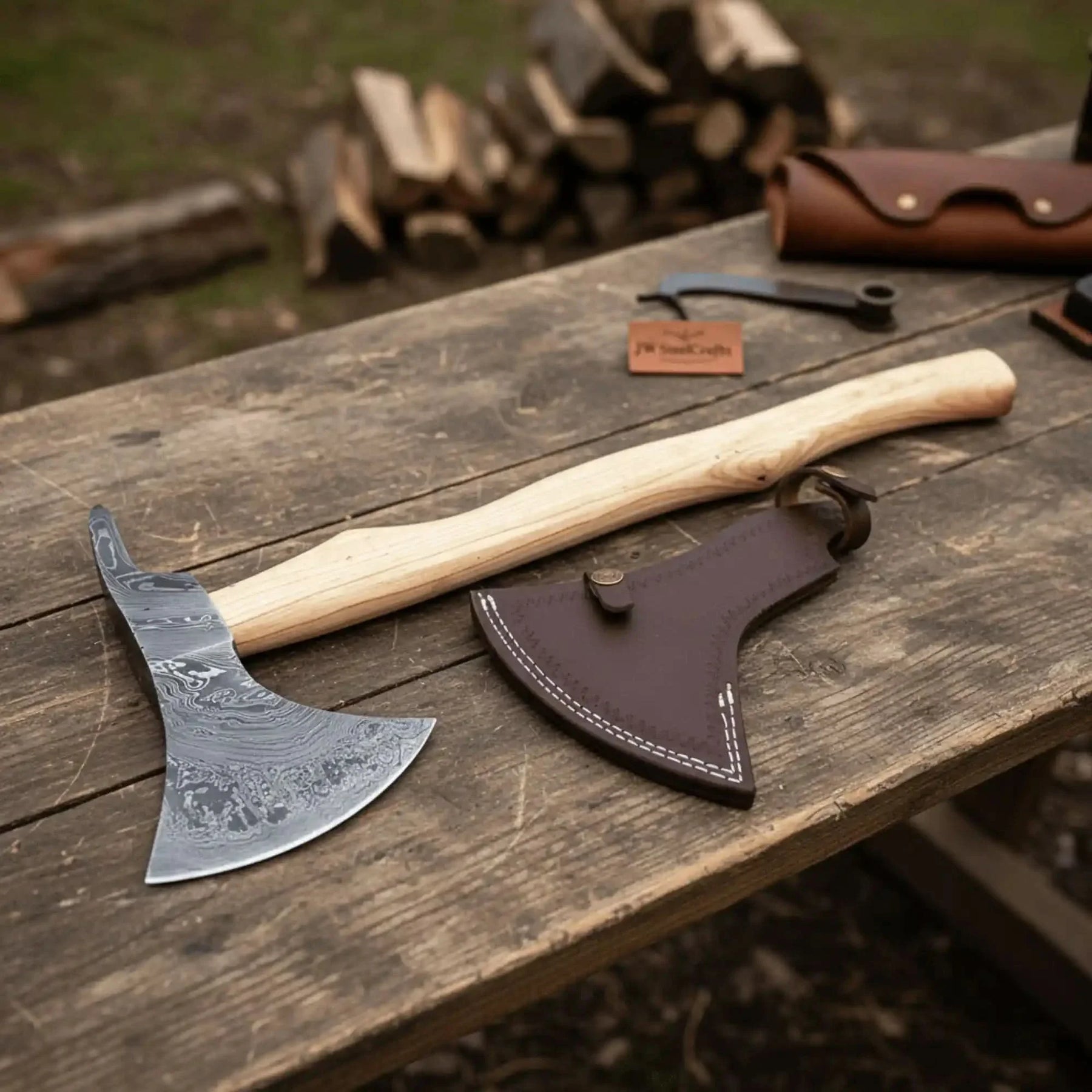Handmade Damascus Steel Bearded Spike Axe – Hand Forged Viking Bearded Axe with Ash Wood Handle and Leather Sheath | JW SteelCrafts