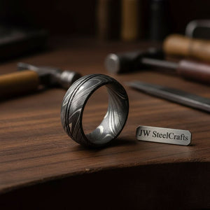 Mens Damascus Steel Wedding Band Double Center Groove Pattern Ring