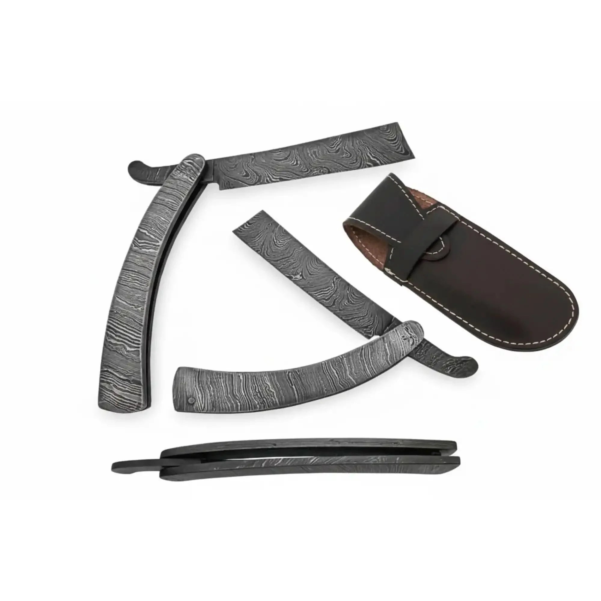 Handmade Damascus Steel Sweeney Todd Style Straight Razor Barber Folding Razor with Leather Sheath by JW SteelCrafts, leather knife sheath main product photo