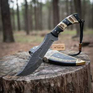 Tracker Knife Damascus Steel Multi Edge Blade With Leather Sheath