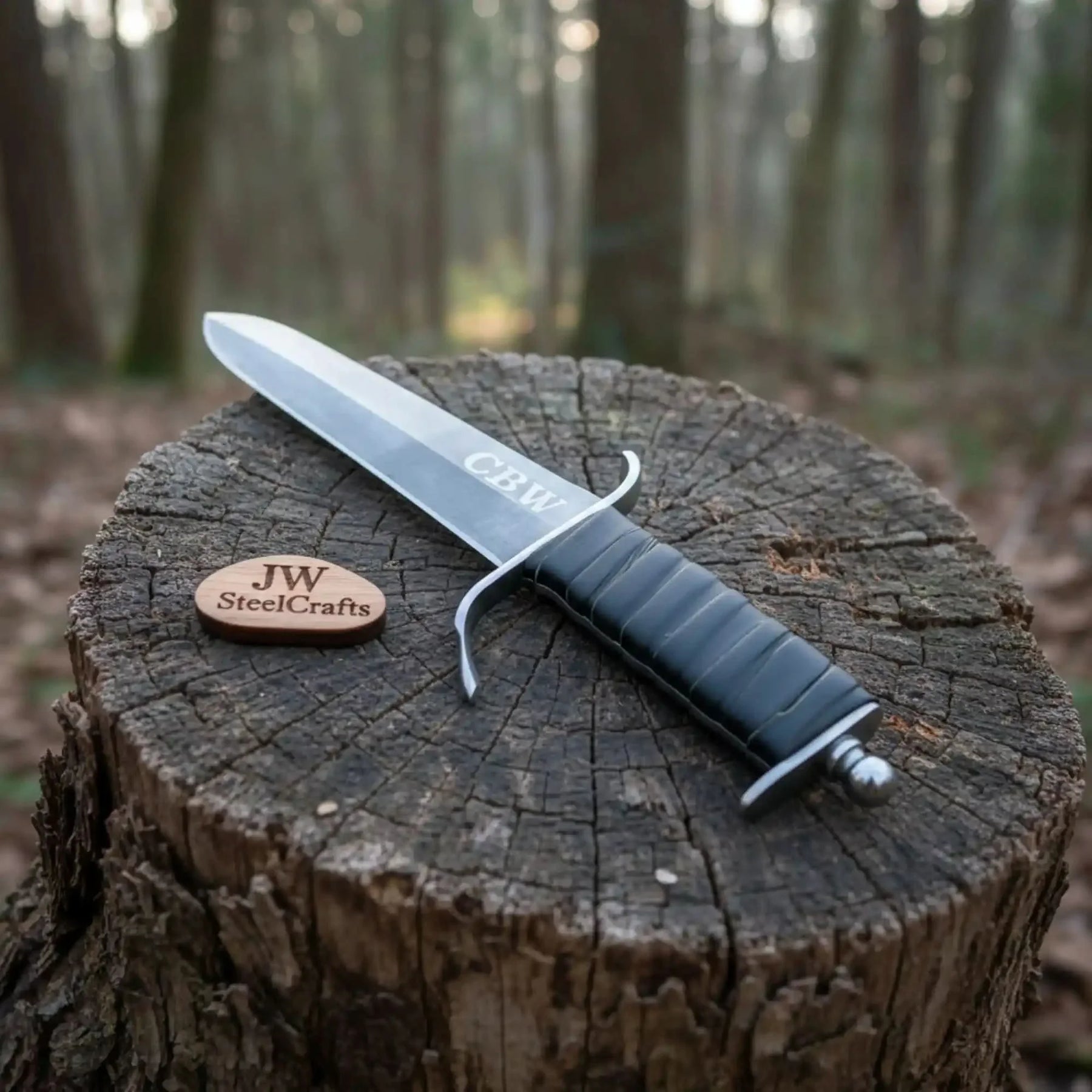 Handmade damascus steel knife with leather handle on dark surface