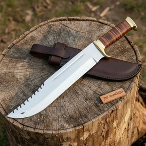 Custom Fixed Blade Bowie Knife Leather Grip Brass Clip Sheath