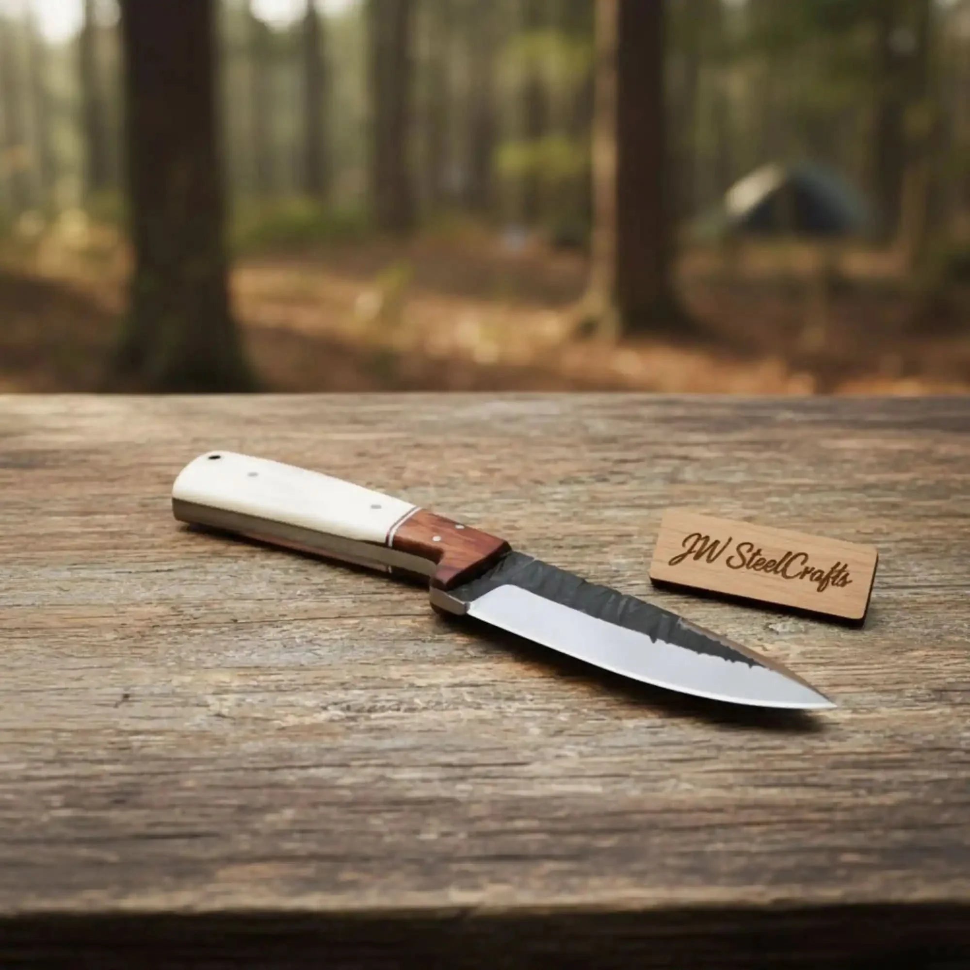Carbon Steel Drop Point Knife Bone and Rosewood Handle 7 Inch by JW SteelCrafts, Damascus knife main product photo