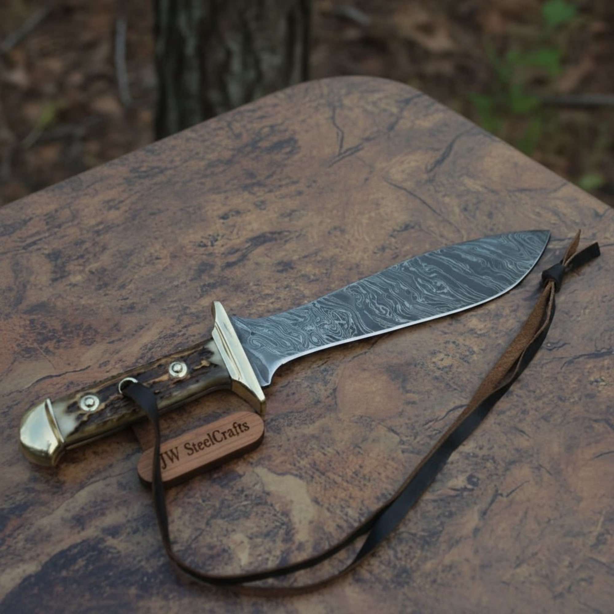 Handmade Persian-Style Upswept Bowie Knife with Stag Handle and Brass Pommel by JW SteelCrafts, Damascus knife detail photo 2