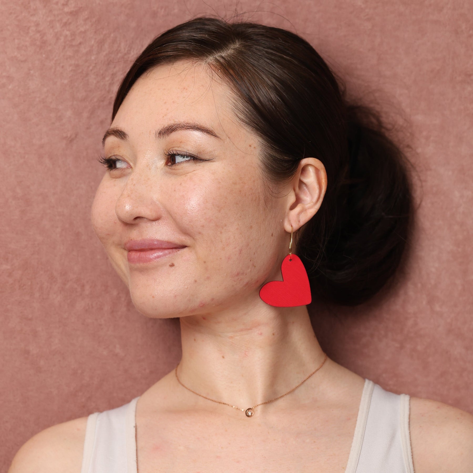 Additional view of Red Heart Hoop Earrings hand painted on lightweight wood by LE CHIC MIAMI