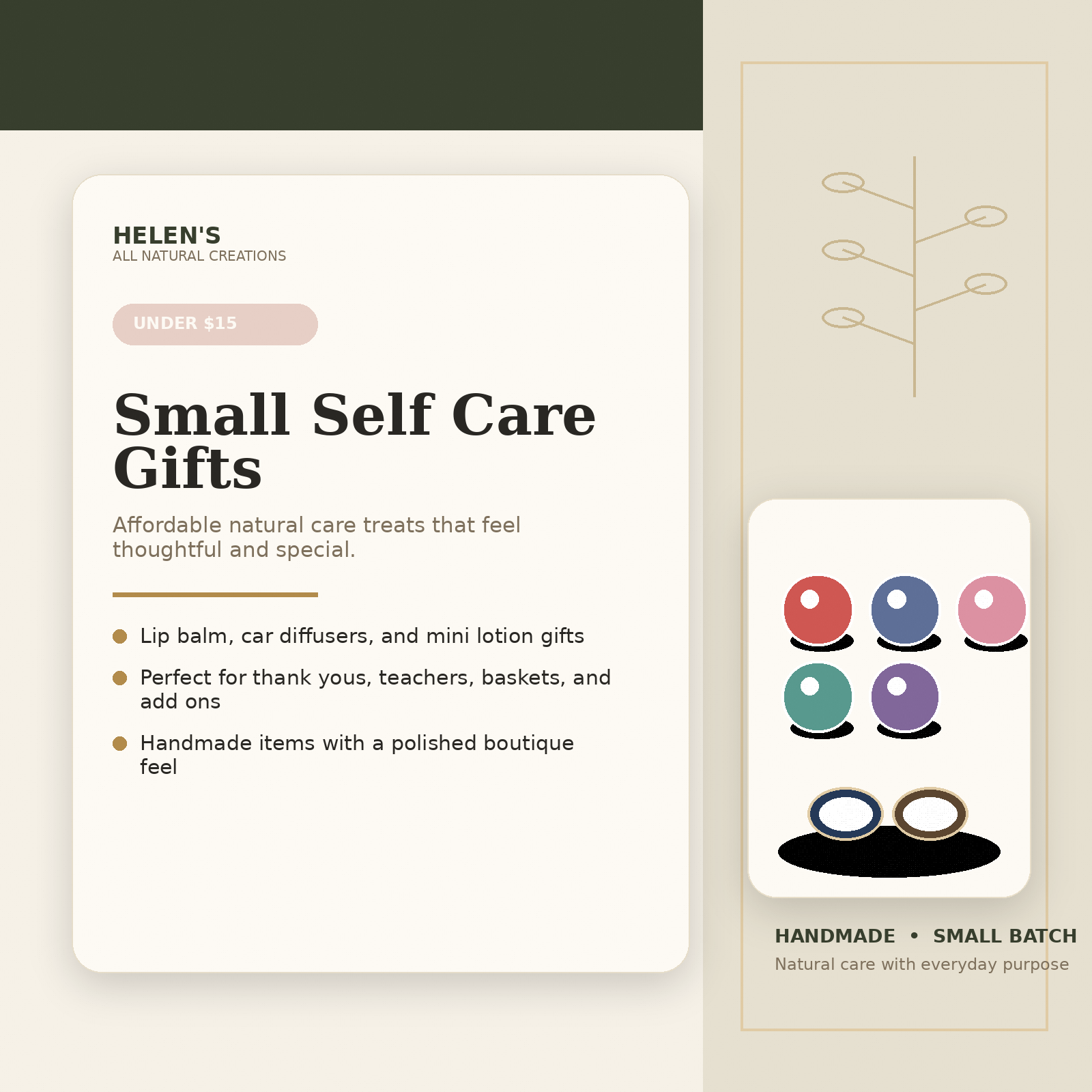 Helen’s All Natural Creations small natural gifts infographic for lip balm car diffuser and mini gifts