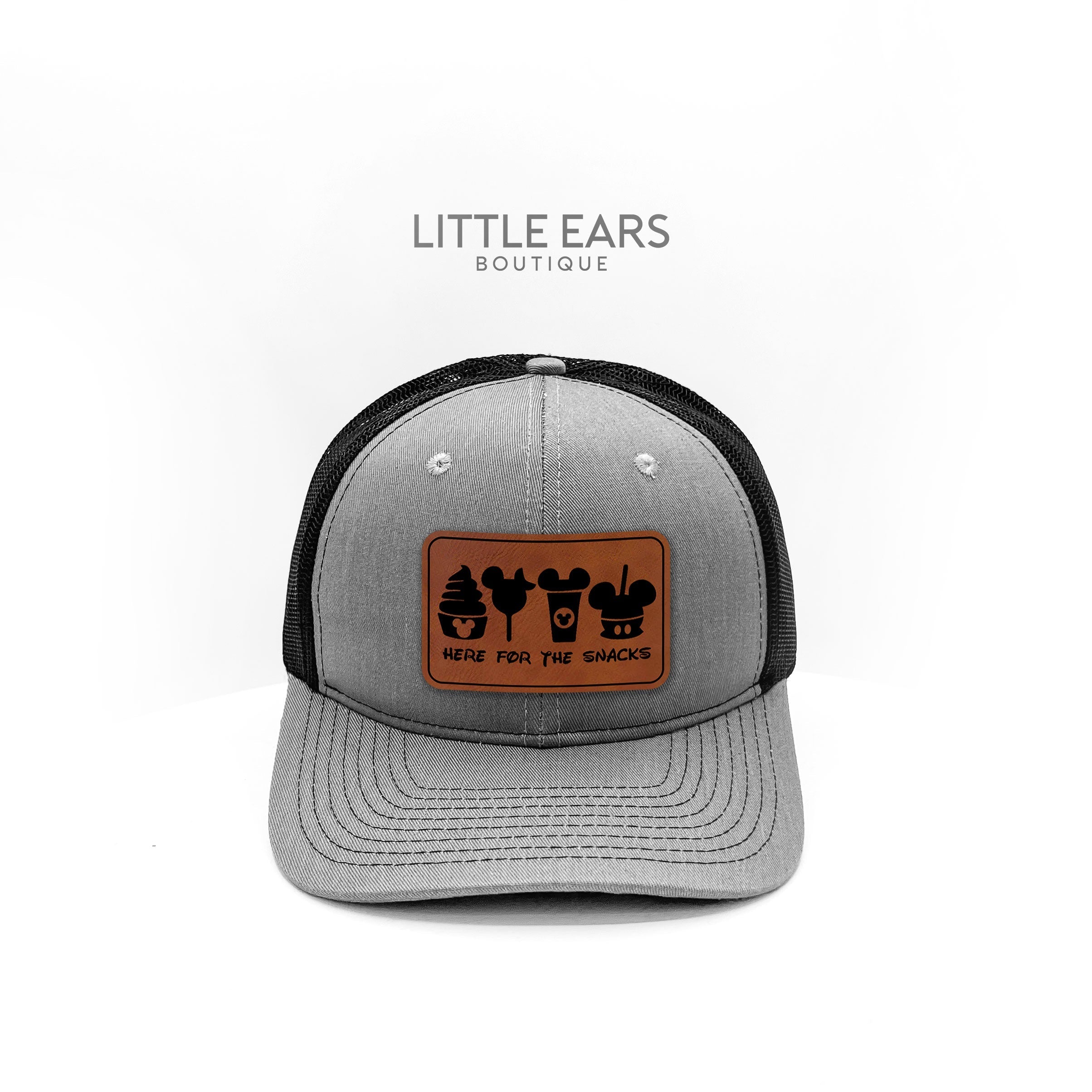 Here for the Snacks theme park trucker hat detail by Little Ears Boutique